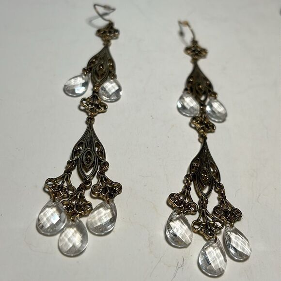 Victorian Inspired Ornate long Gold Tone and Clear glass/crystal drop earrings - Picture 1 of 8